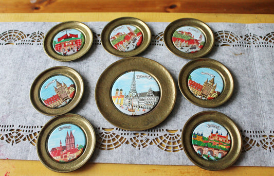 Set of 8 Vintage decorative copper plates / coasters - cities of Bavaria. Made in Germany