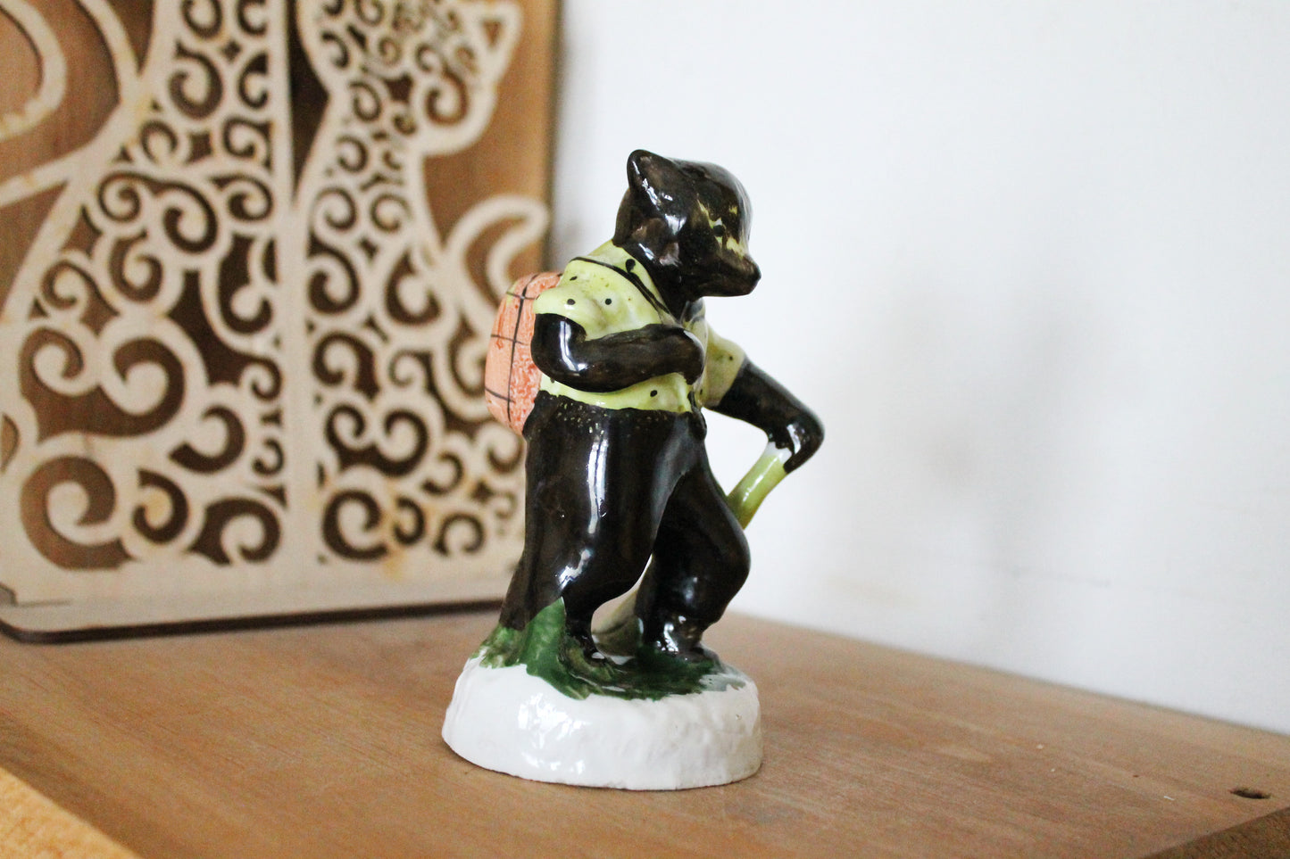 Rare Porcelain Figurine Bear With bag - Made in USSR 1950s - Vintage Early Soviet Statuette