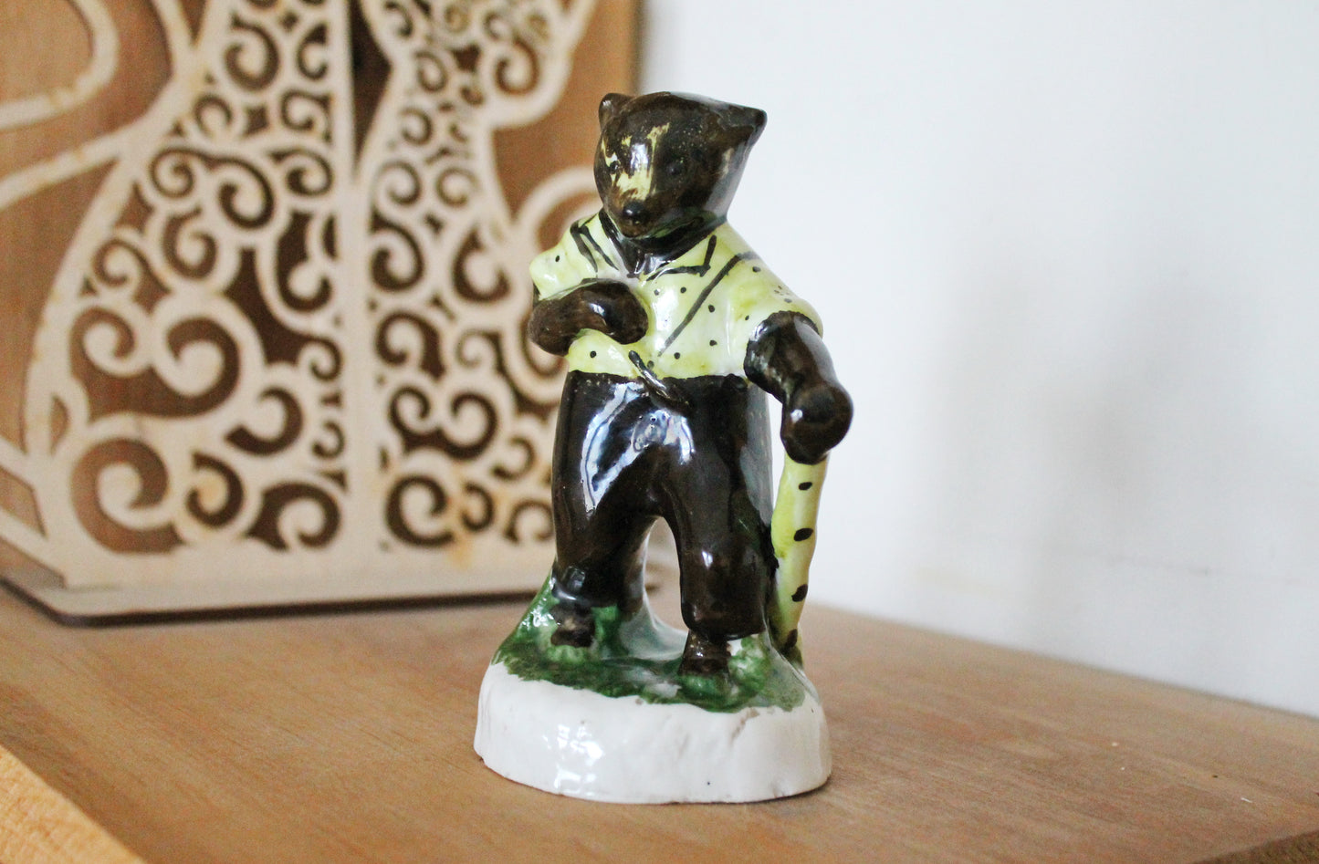 Rare Porcelain Figurine Bear With bag - Made in USSR 1950s - Vintage Early Soviet Statuette