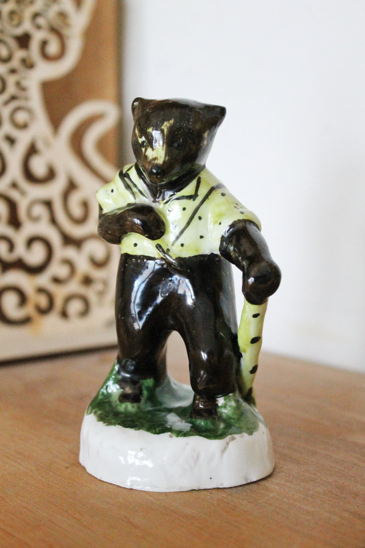 Rare Porcelain Figurine Bear With bag - Made in USSR 1950s - Vintage Early Soviet Statuette