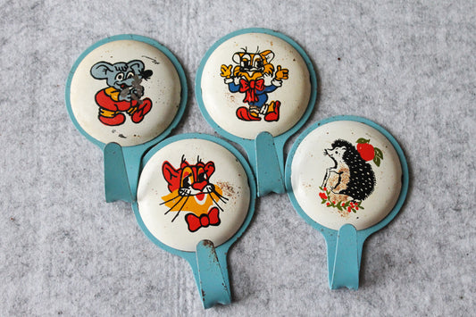 Set of 4 Vintage shabby-chic wall hanger for kids - USSR old vintage - 1970s - Childrens wall hooks - Cartoon heroes hooks