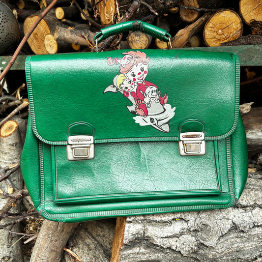 Vintage Soviet School Briefcase 1986 Green Vinyl Bag With Cartoon Print Made in Ukraine Priluky Retro Kids Satchel USSR