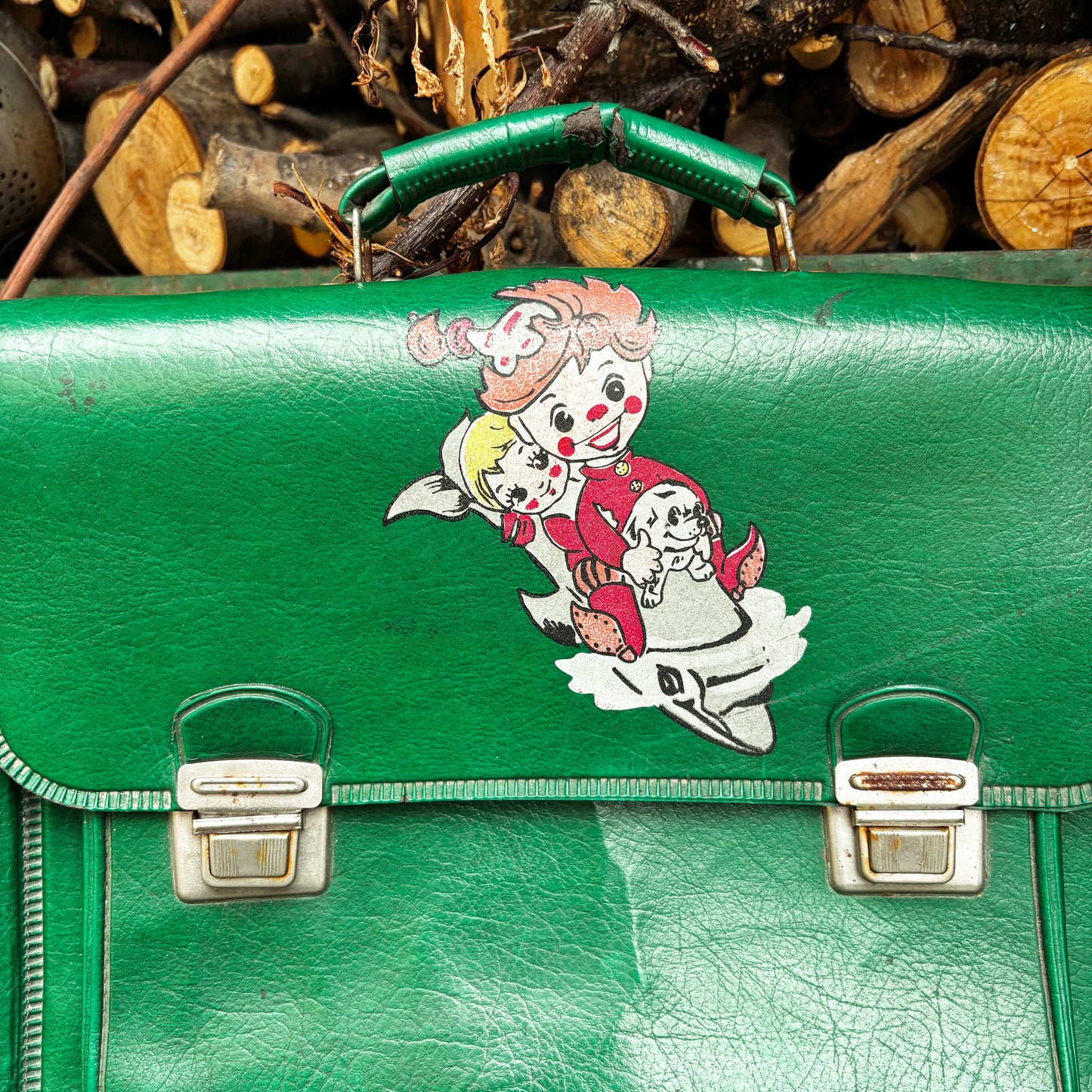 Vintage Soviet School Briefcase 1986 Green Vinyl Bag With Cartoon Print Made in Ukraine Priluky Retro Kids Satchel USSR