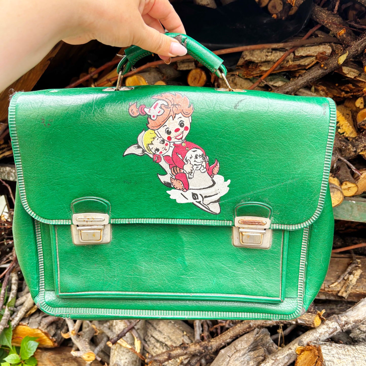 Vintage Soviet School Briefcase 1986 Green Vinyl Bag With Cartoon Print Made in Ukraine Priluky Retro Kids Satchel USSR
