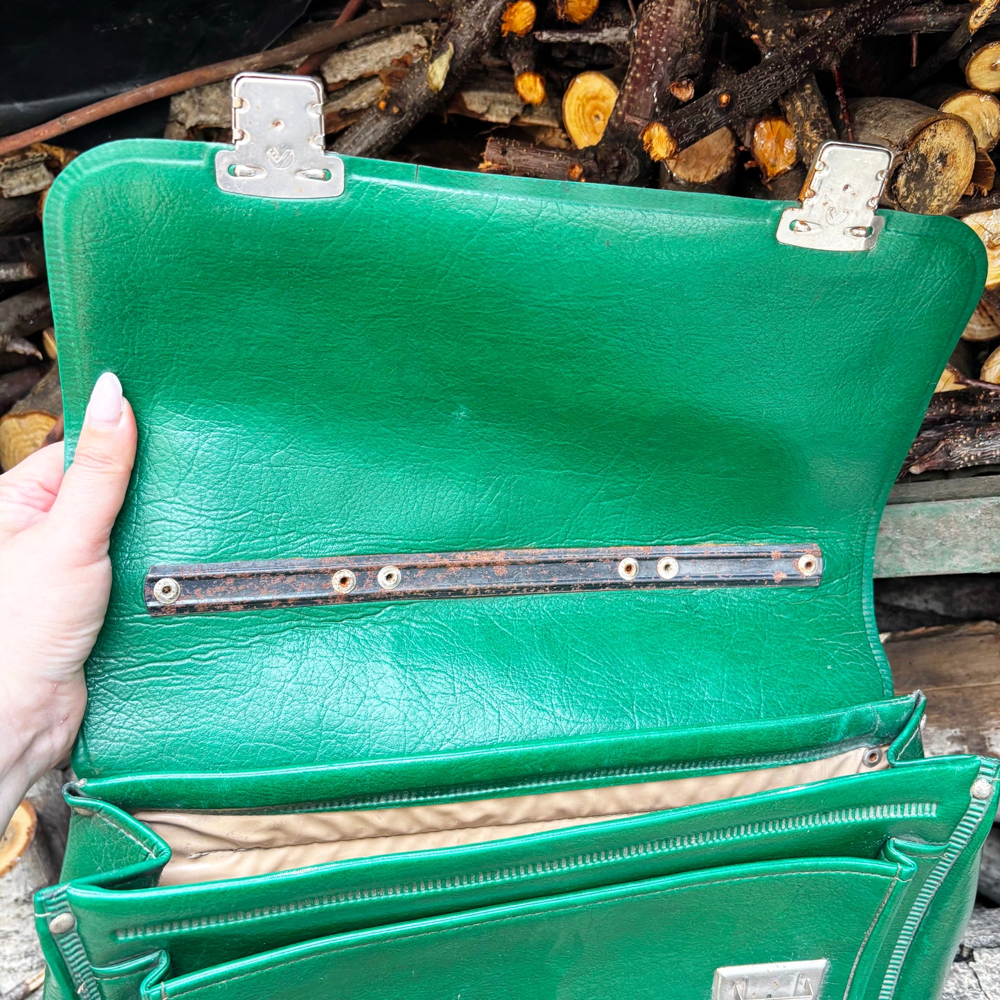 Vintage Soviet School Briefcase 1986 Green Vinyl Bag With Cartoon Print Made in Ukraine Priluky Retro Kids Satchel USSR