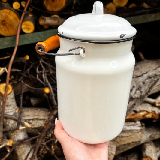 Vintage Soviet Enamel Milk Can White Metal Farmhouse Container Rustic Kitchen Decor Wooden Handle USSR Storage Bucket 1980s