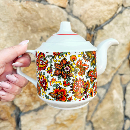 Vintage Floral Porcelain Teapot Coral Pattern Tea Pot Retro Folk Art Kitchen Decor Colorful Ceramic Teapot Collectible