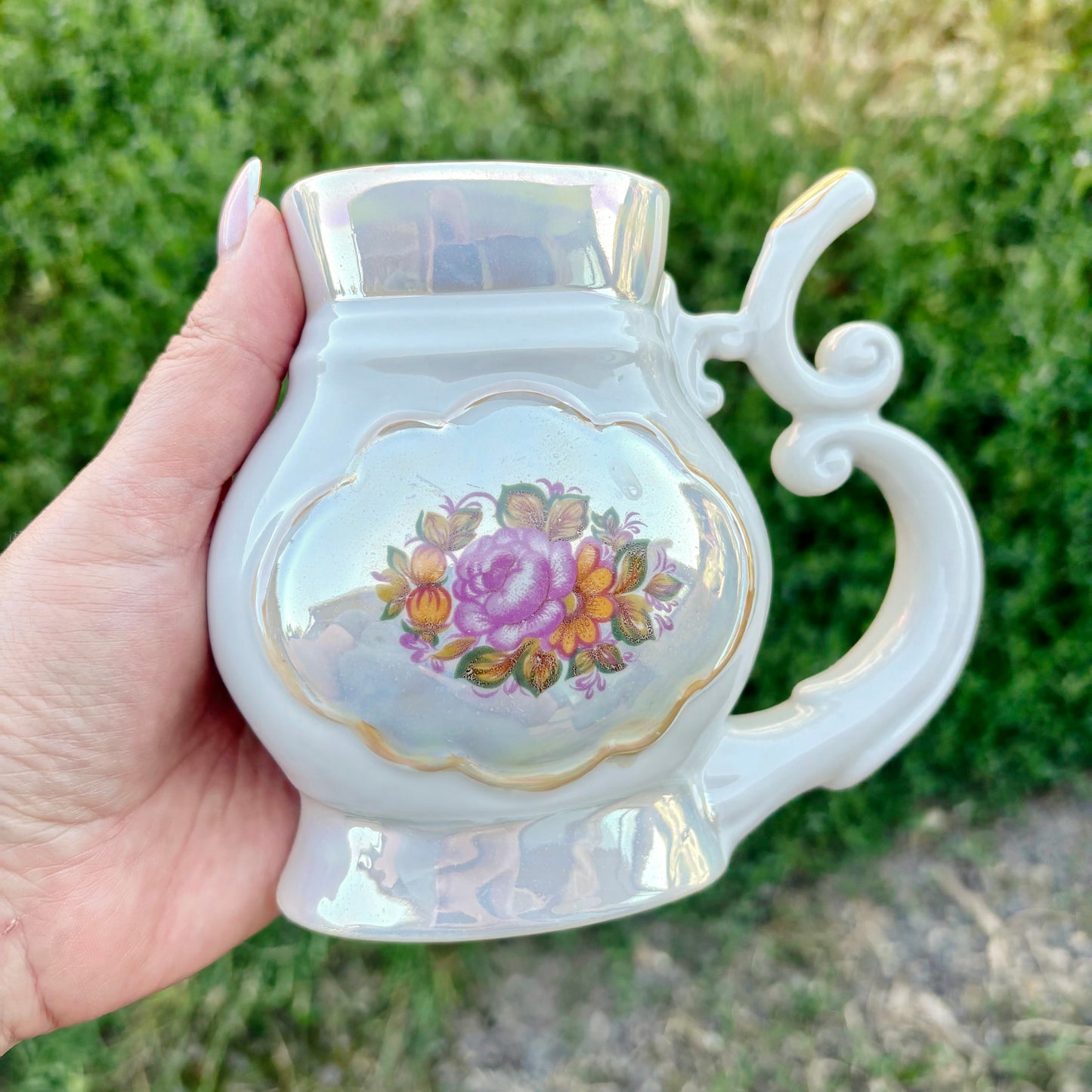 Vintage Soviet Mineral Water Drinking Cup, 1970s Porcelain Spa Buvette Mug, Floral Lustre Ceramic Vessel, Ukraine Souvenir