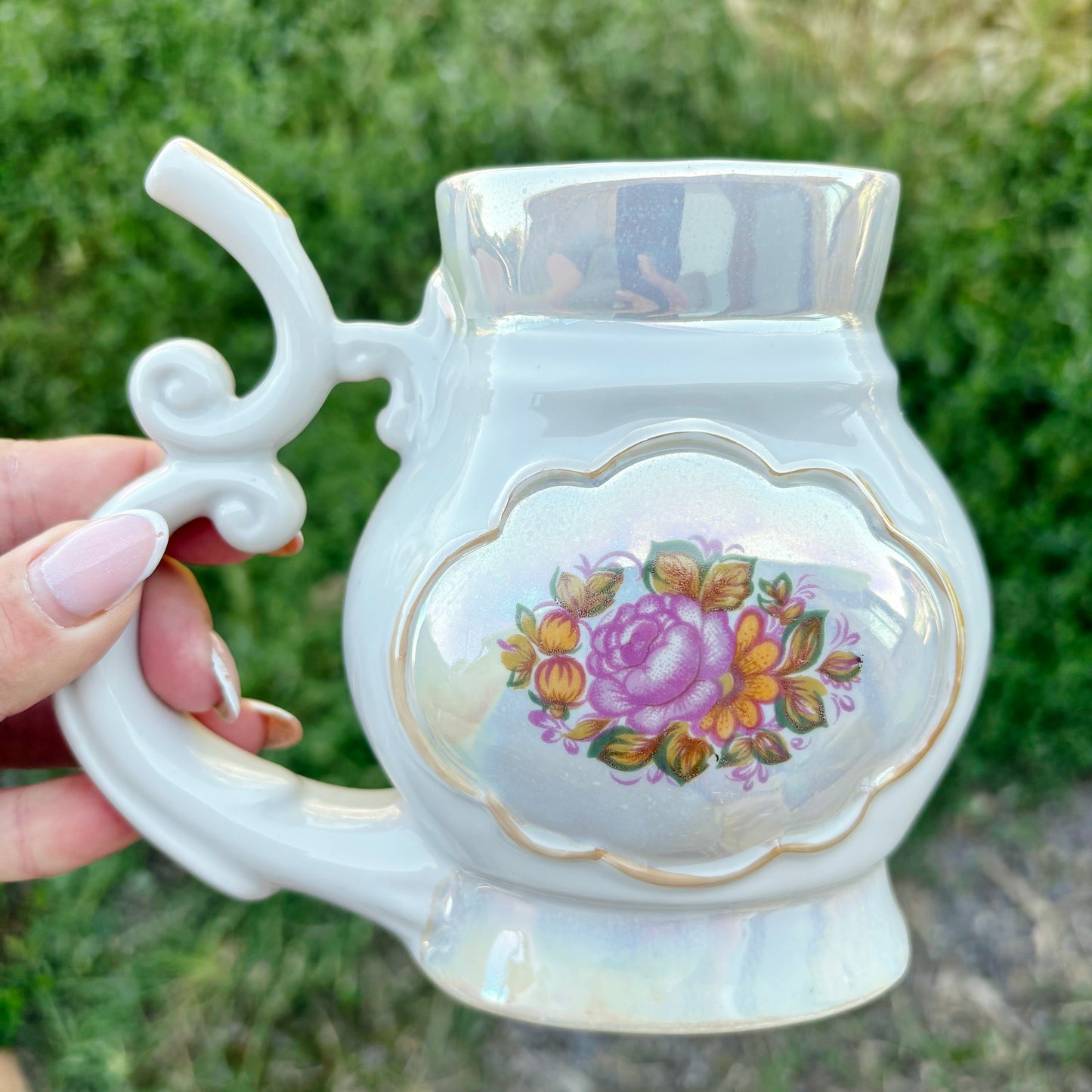 Vintage Soviet Mineral Water Drinking Cup, 1970s Porcelain Spa Buvette Mug, Floral Lustre Ceramic Vessel, Ukraine Souvenir