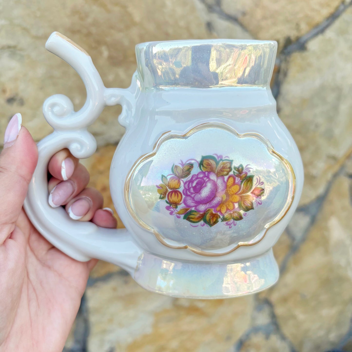 Vintage Soviet Mineral Water Drinking Cup, 1970s Porcelain Spa Buvette Mug, Floral Lustre Ceramic Vessel, Ukraine Souvenir