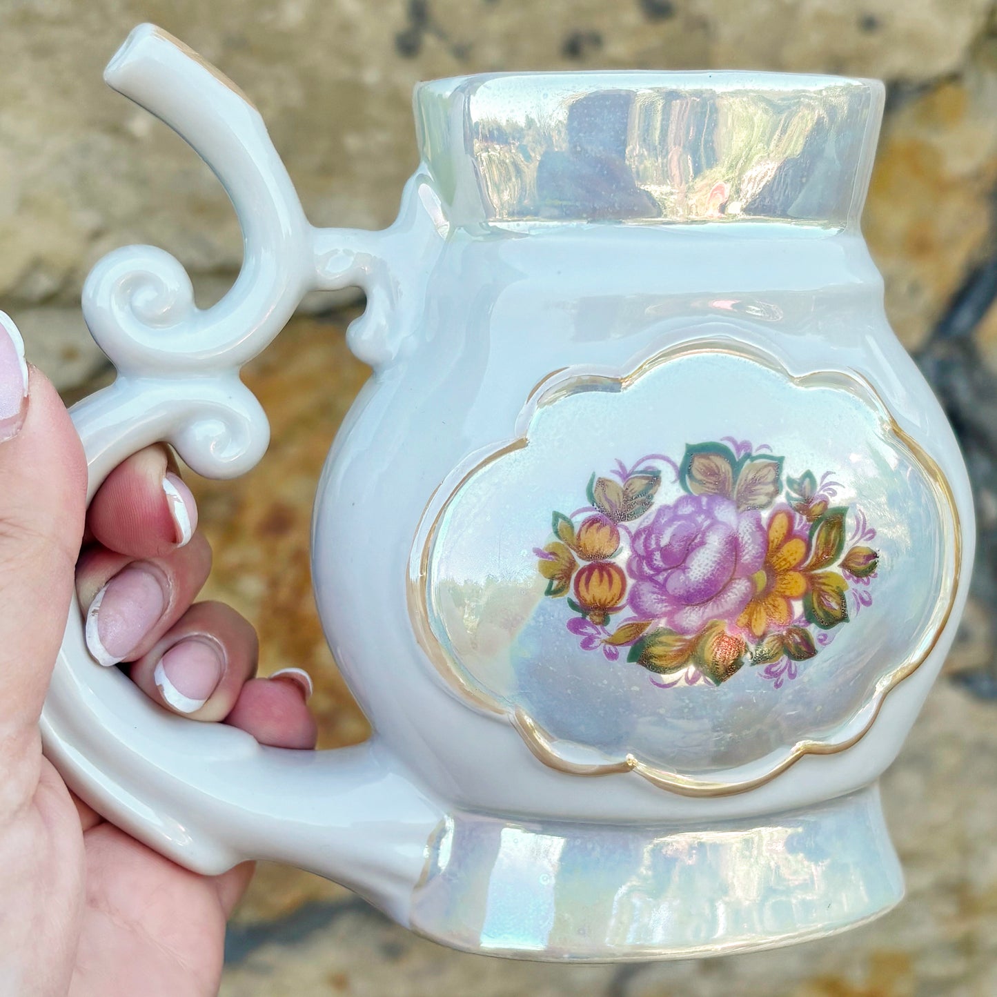 Vintage Soviet Mineral Water Drinking Cup, 1970s Porcelain Spa Buvette Mug, Floral Lustre Ceramic Vessel, Ukraine Souvenir