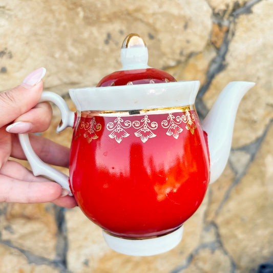 Vintage Baranovka Porcelain Teapot, 1970s–1980s Soviet Red Gold Floral Tea Pot, Ukrainian Collectible, Retro Home Decor