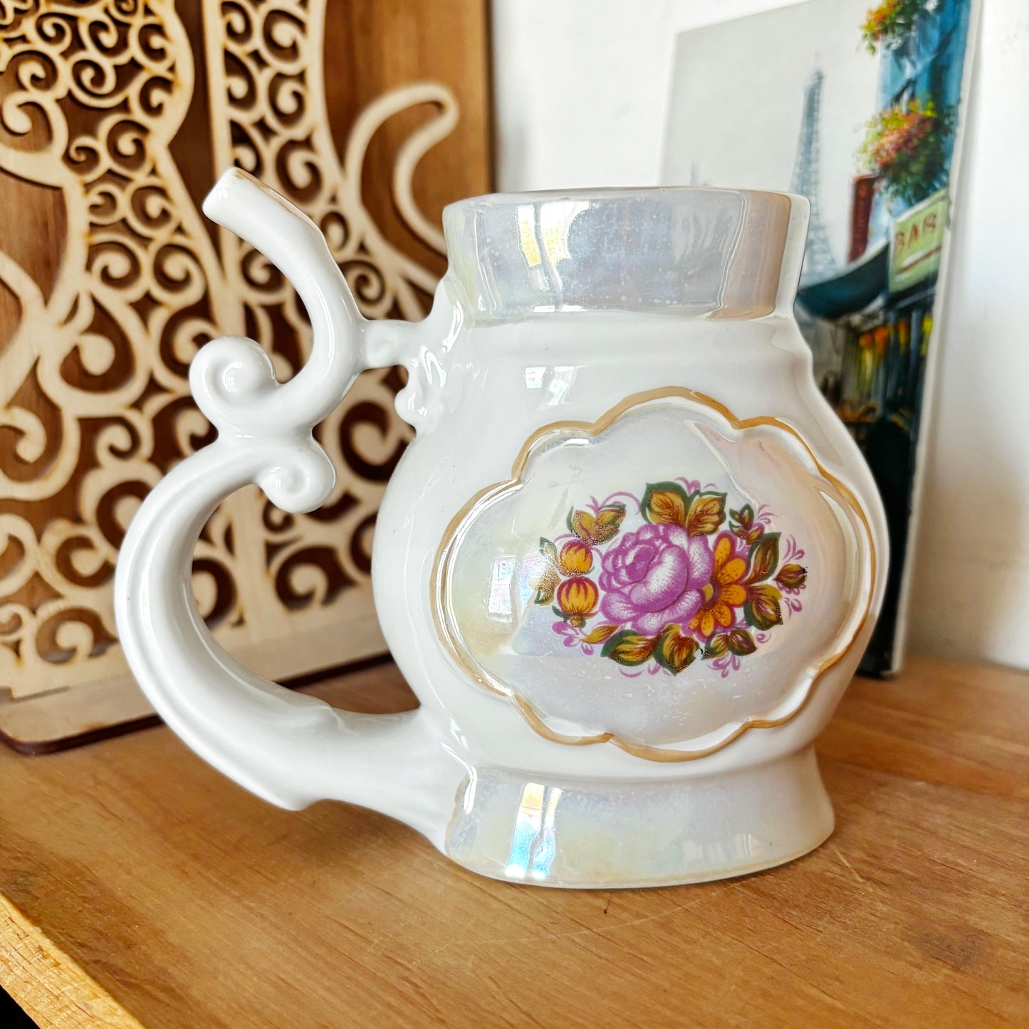 Vintage Soviet Mineral Water Drinking Cup, 1970s Porcelain Spa Buvette Mug, Floral Lustre Ceramic Vessel, Ukraine Souvenir