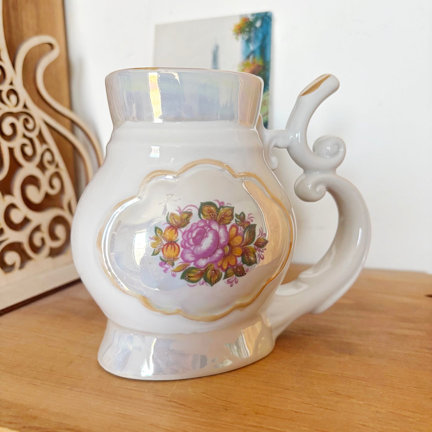 Vintage Soviet Mineral Water Drinking Cup, 1970s Porcelain Spa Buvette Mug, Floral Lustre Ceramic Vessel, Ukraine Souvenir