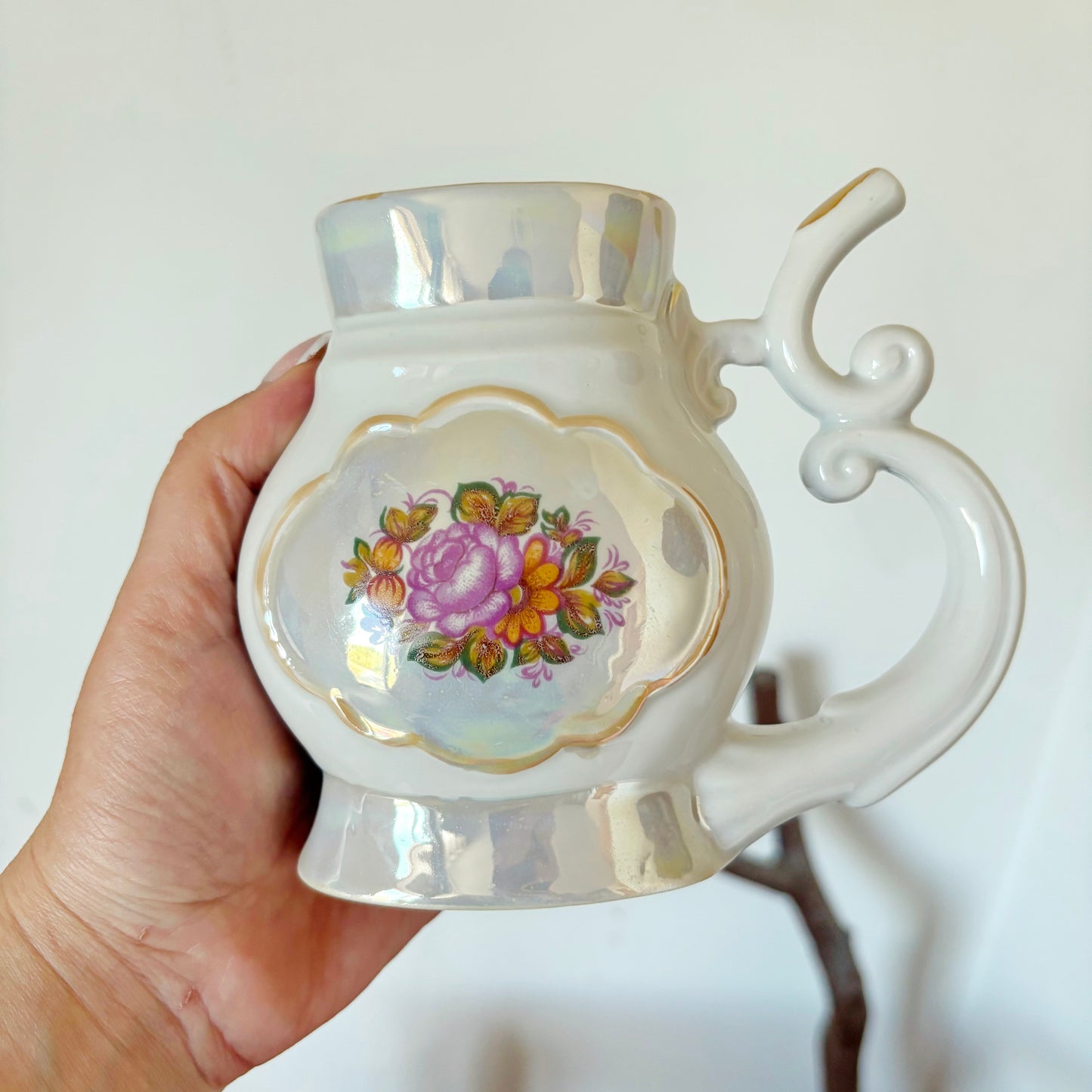 Vintage Soviet Mineral Water Drinking Cup, 1970s Porcelain Spa Buvette Mug, Floral Lustre Ceramic Vessel, Ukraine Souvenir