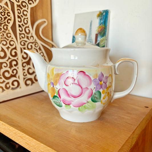 Vintage Dovbysh Porcelain Teapot 1970s USSR, Ukrainian Floral Luster Tea Pot with Lid, Pink Flowers Collectible Kitchen Decor