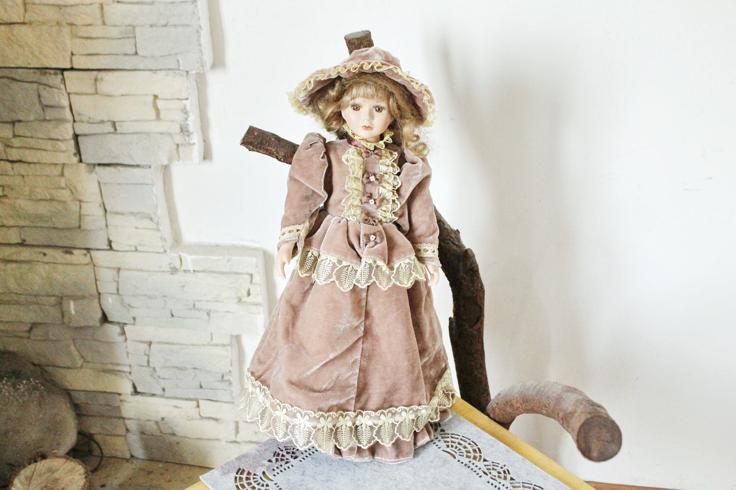 Vintage porcelain Germany cute doll in beautiful velvet dress - 17.7 inches - Collectible doll - 1970-1980s