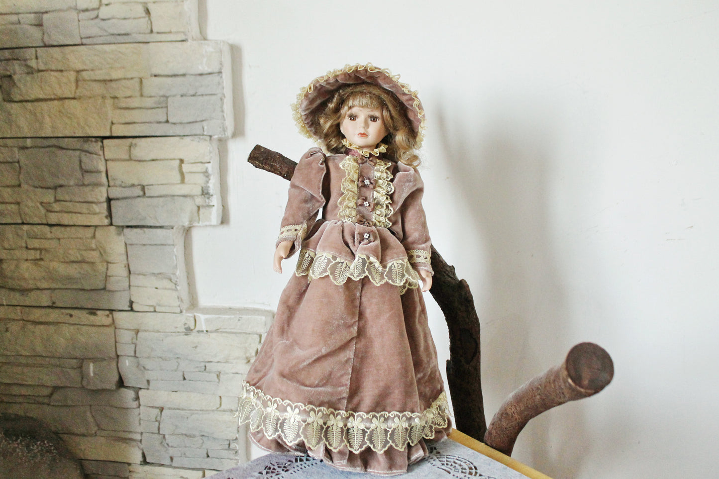 Vintage porcelain Germany cute doll in beautiful velvet dress - 17.7 inches - Collectible doll - 1970-1980s