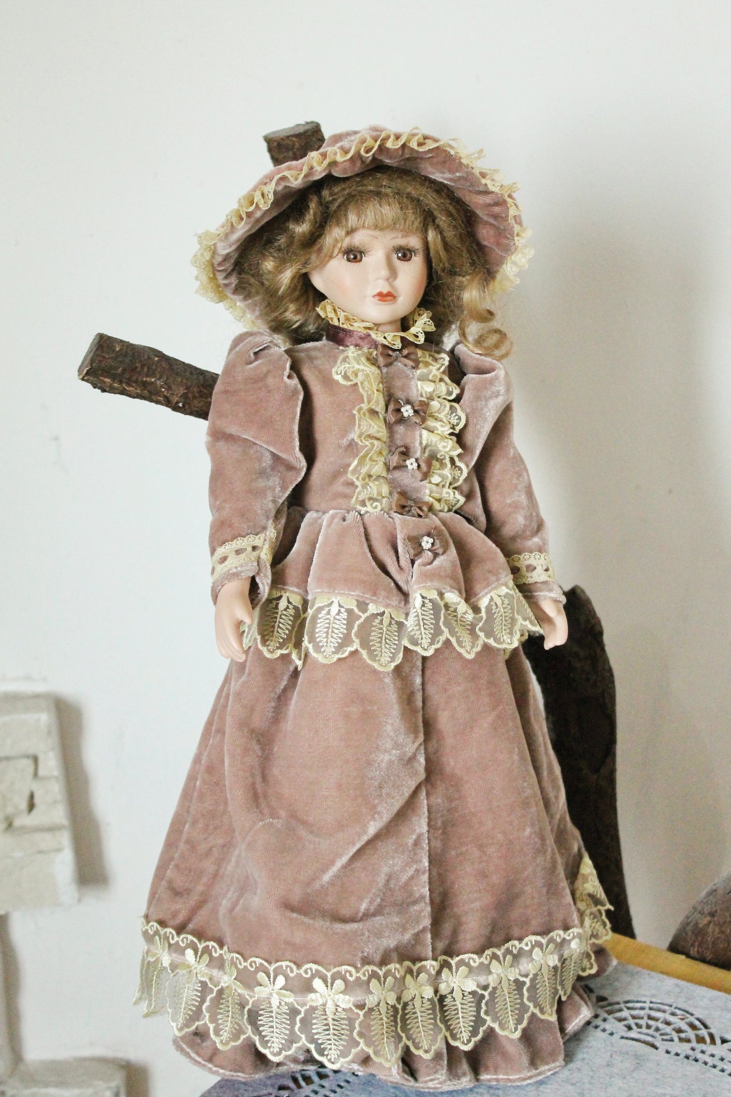 Vintage porcelain Germany cute doll in beautiful velvet dress - 17.7 inches - Collectible doll - 1970-1980s