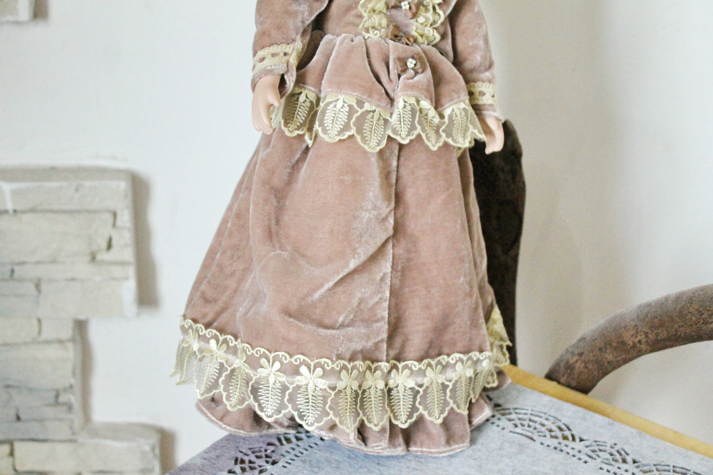 Vintage porcelain Germany cute doll in beautiful velvet dress - 17.7 inches - Collectible doll - 1970-1980s