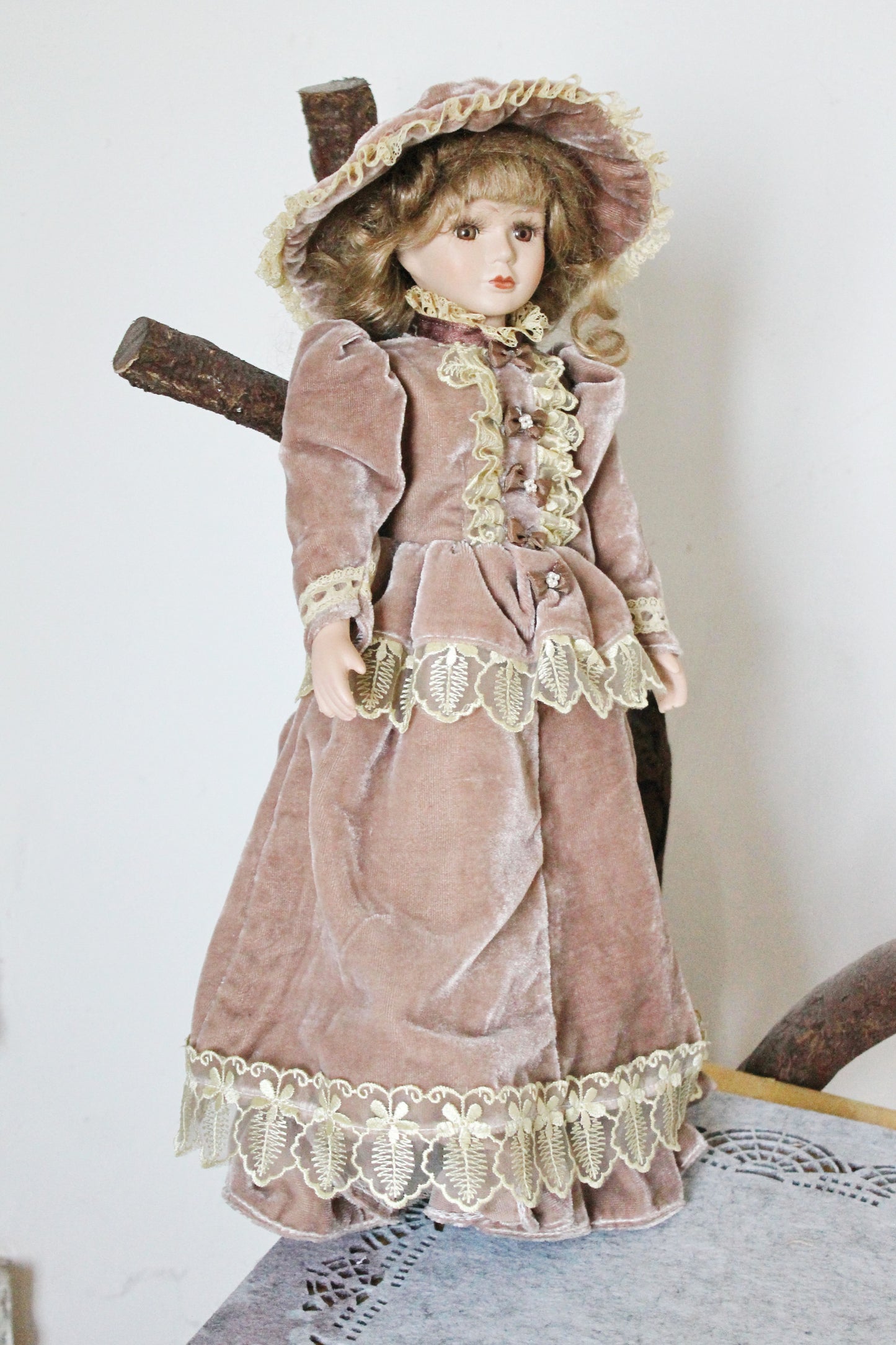 Vintage porcelain Germany cute doll in beautiful velvet dress - 17.7 inches - Collectible doll - 1970-1980s