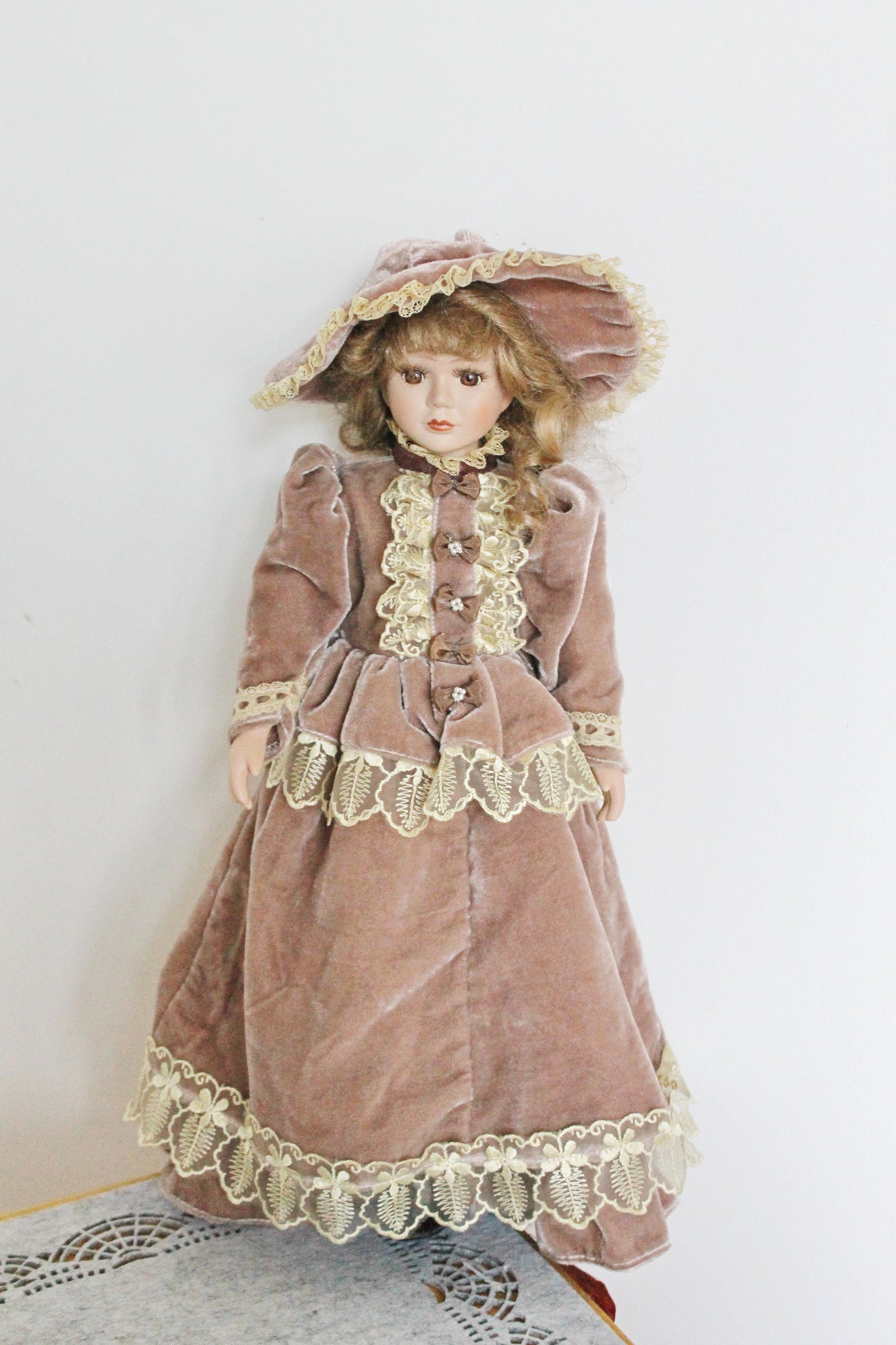 Vintage porcelain Germany cute doll in beautiful velvet dress - 17.7 inches - Collectible doll - 1970-1980s