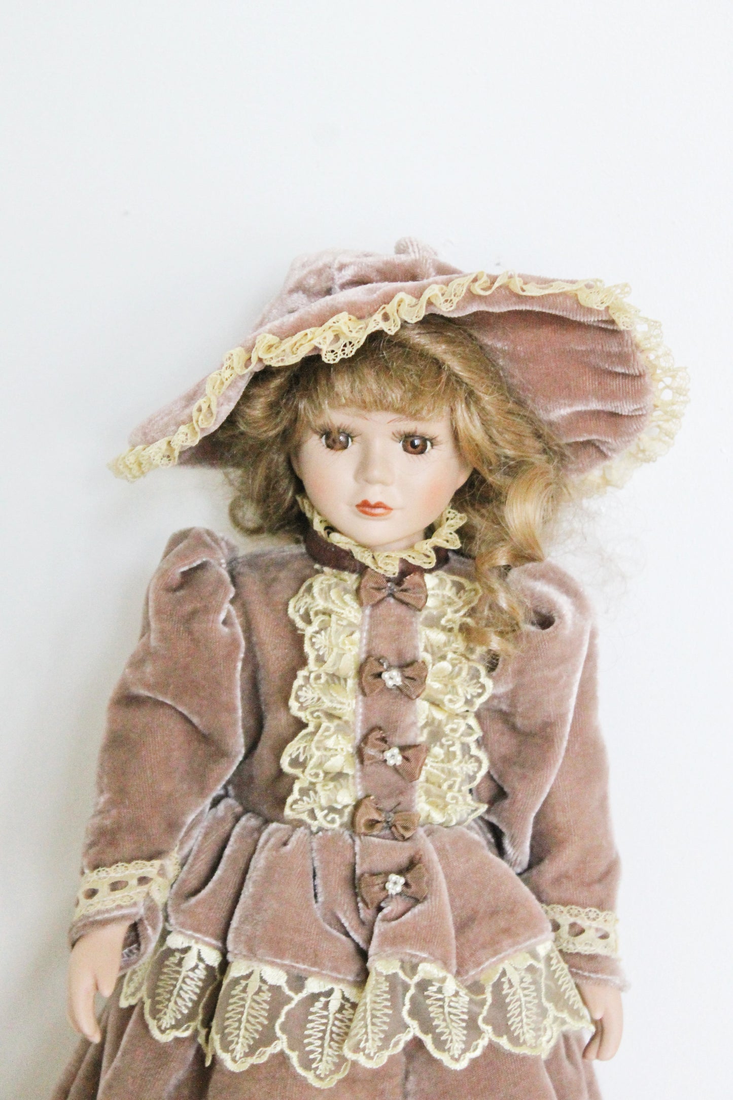 Vintage porcelain Germany cute doll in beautiful velvet dress - 17.7 inches - Collectible doll - 1970-1980s