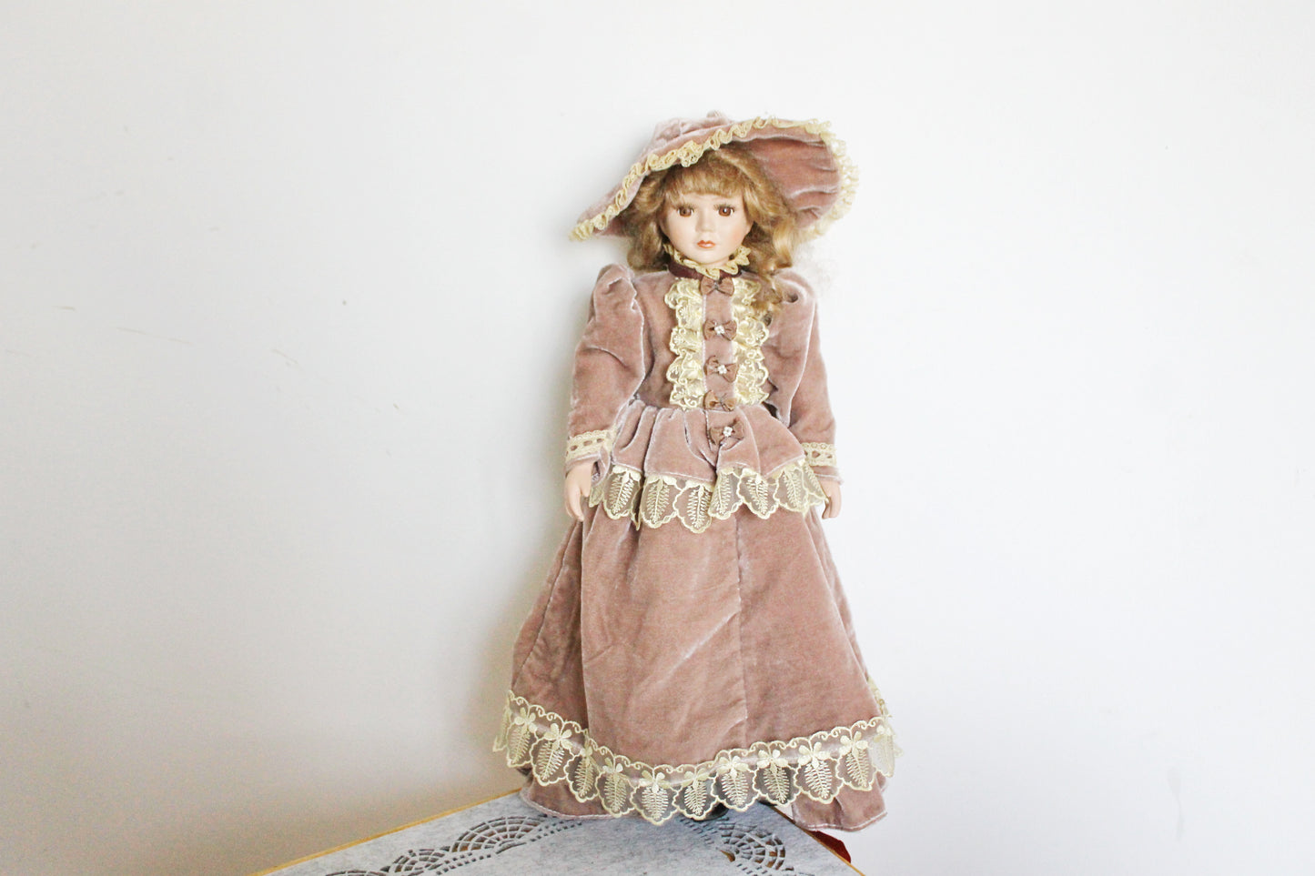 Vintage porcelain Germany cute doll in beautiful velvet dress - 17.7 inches - Collectible doll - 1970-1980s