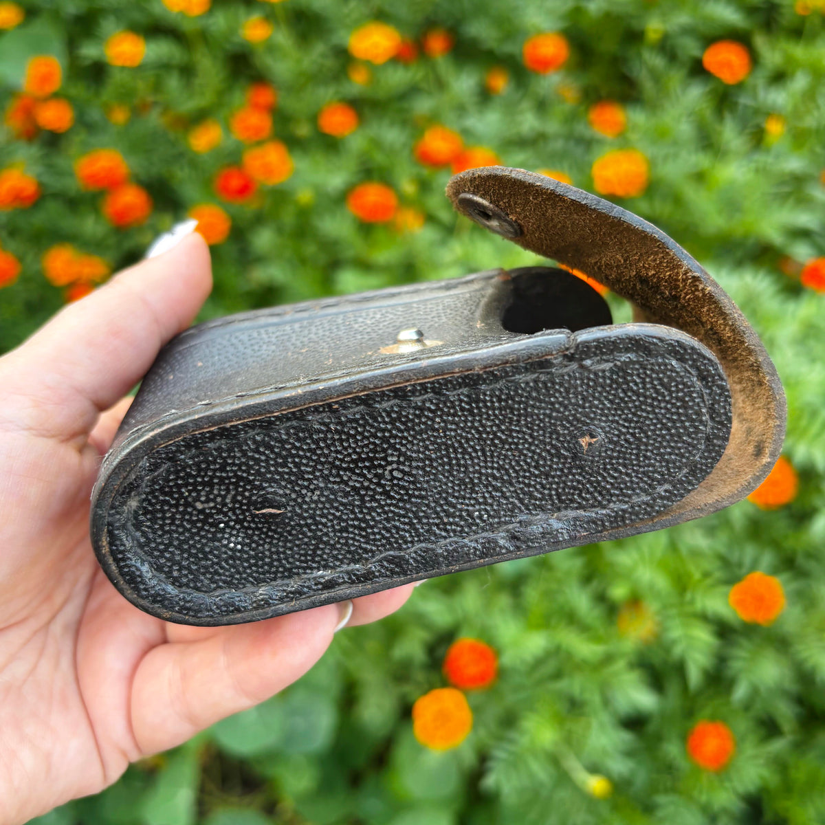 Vintage Soviet Leather Exposure Meter Case, USSR Photography Accessory, 1960s–1970s, Textured Leather Pouch with Strap