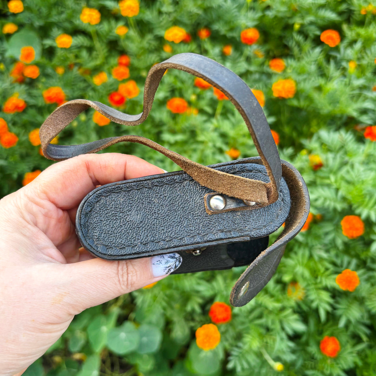 Vintage Soviet Leather Exposure Meter Case, USSR Photography Accessory, 1960s–1970s, Textured Leather Pouch with Strap