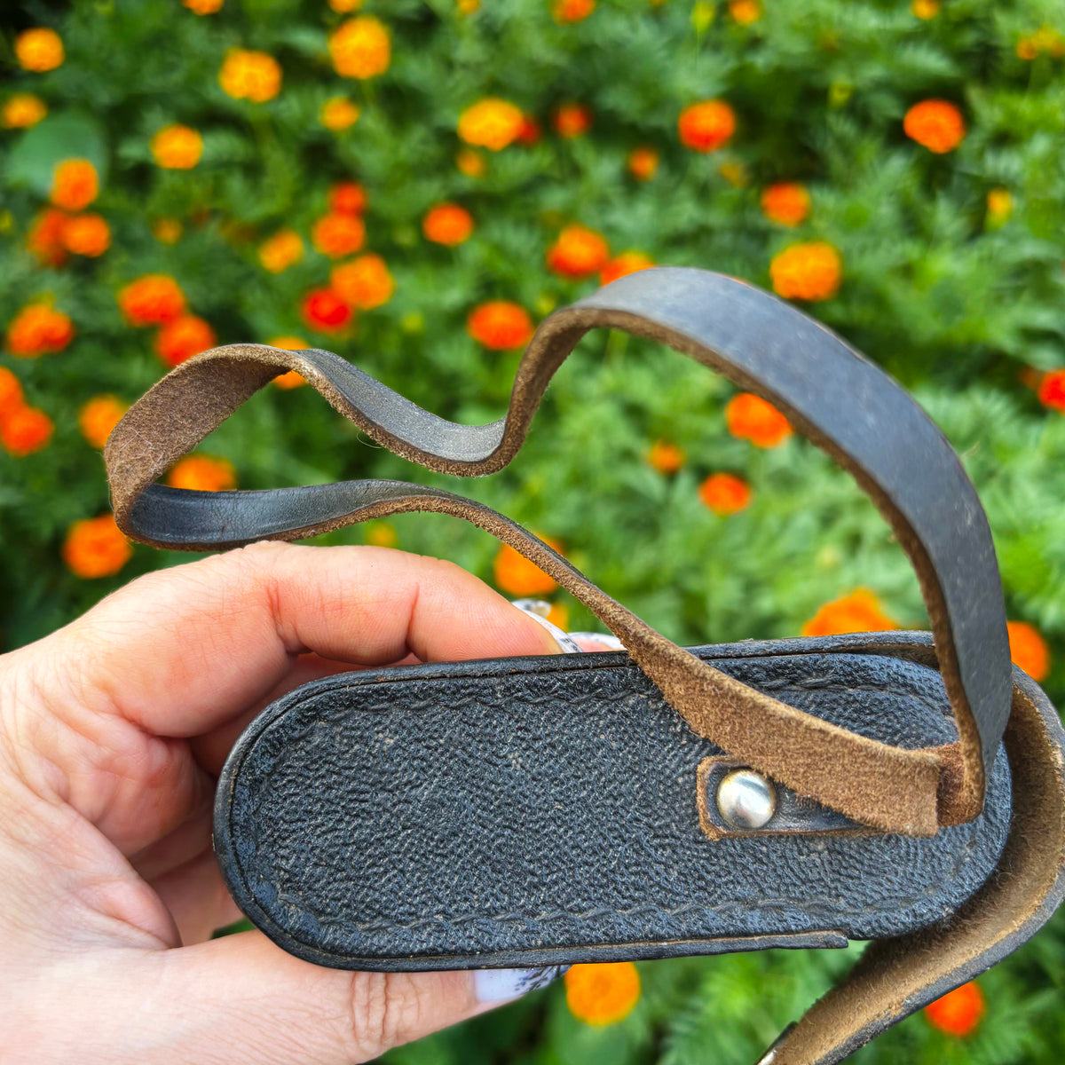 Vintage Soviet Leather Exposure Meter Case, USSR Photography Accessory, 1960s–1970s, Textured Leather Pouch with Strap