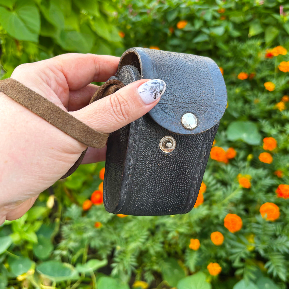 Vintage Soviet Leather Exposure Meter Case, USSR Photography Accessory, 1960s–1970s, Textured Leather Pouch with Strap
