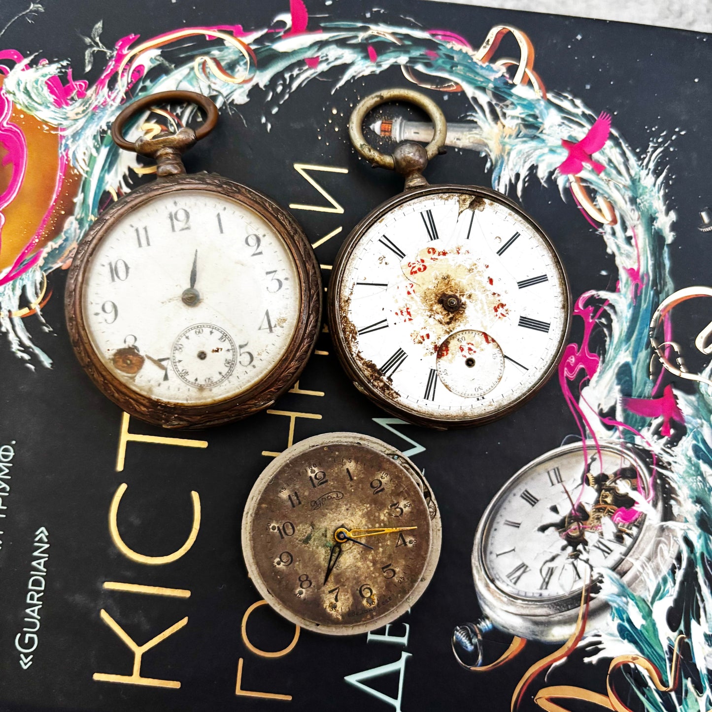 Vintage Pocket Watch Parts Lot, USSR Watch Movement, Antique Dials, Steampunk Assemblage, Restoration & Jewelry Making Supplies