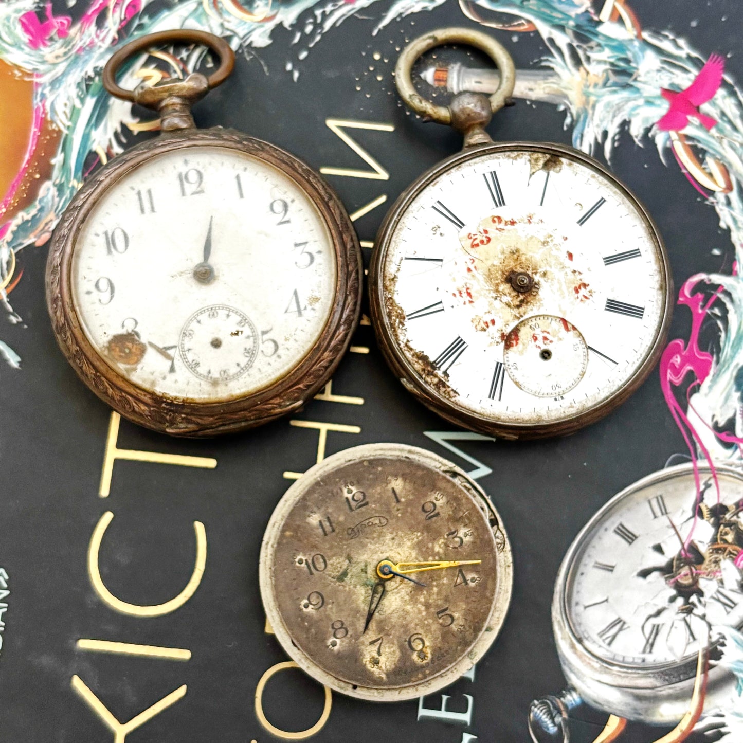 Vintage Pocket Watch Parts Lot, USSR Watch Movement, Antique Dials, Steampunk Assemblage, Restoration & Jewelry Making Supplies