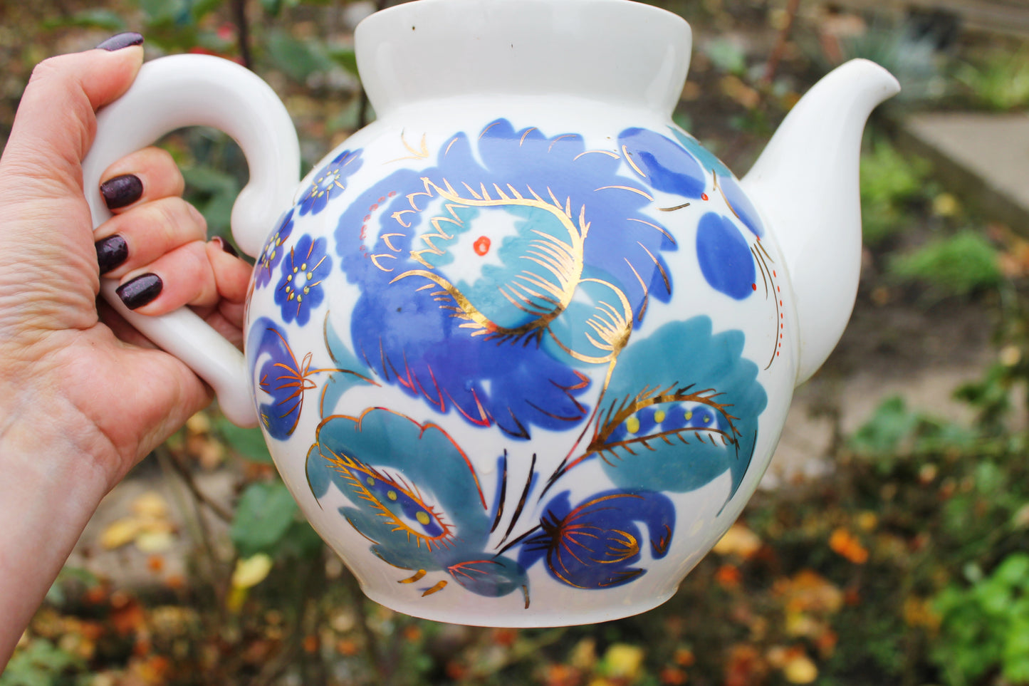 Vintage big Tea Pot with blue flowers - vintage USSR ceramic rare tea pot - beautiful soviet ceramic tea pot - 1970s