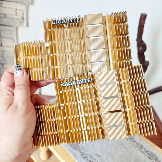 Vintage Gigabyte Silent-Pipe GPU Heatsink Set, 2000s PC Parts, Gold Aluminum Radiators, Steampunk Decor, Tech Craft Supply