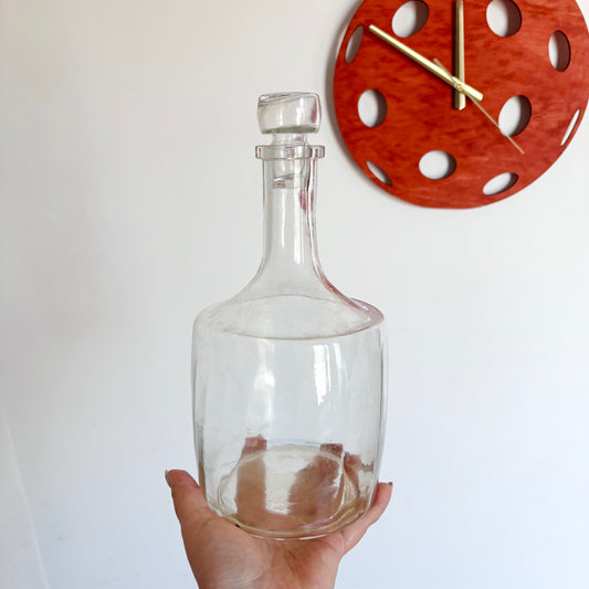 Vintage Glass Shtof Decanter with Stopper, Round Ribbed Bottle, USSR Retro Barware, Mid Century Home Bar Decor