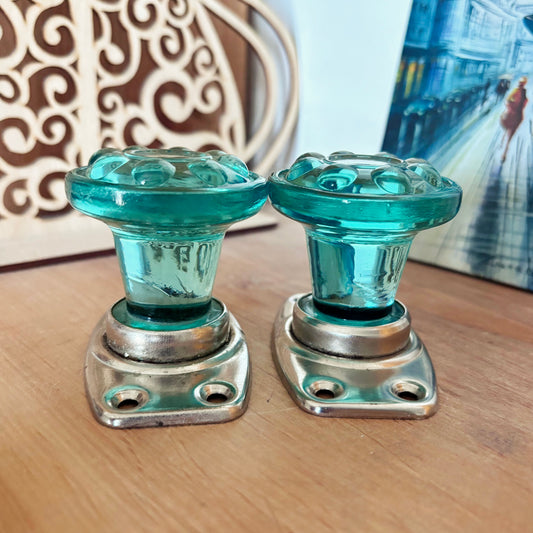 Vintage Green Glass Door Knobs Set of 2, Soviet Era Glass Handles, Metal Hardware, 1970s USSR Retro Interior Decor
