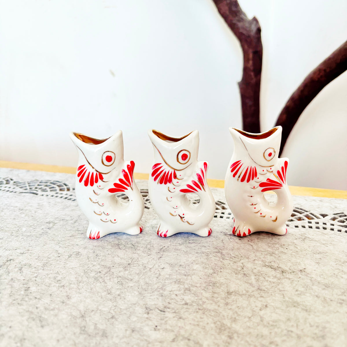 Vintage Soviet Carp Family Fish, Set of 3, Porcelain Fish Cups, USSR Retro Table Decor, Hand Painted Red & Gold