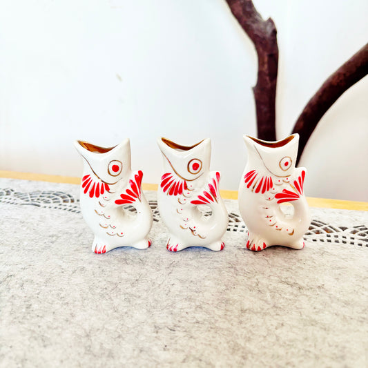 Vintage Soviet Carp Family Fish, Set of 3, Porcelain Fish Cups, USSR Retro Table Decor, Hand Painted Red & Gold