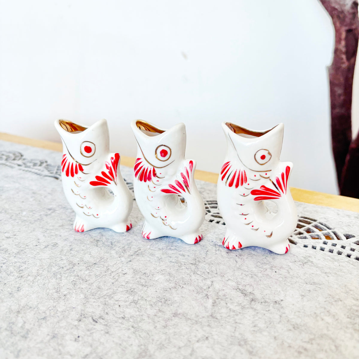 Vintage Soviet Carp Family Fish, Set of 3, Porcelain Fish Cups, USSR Retro Table Decor, Hand Painted Red & Gold