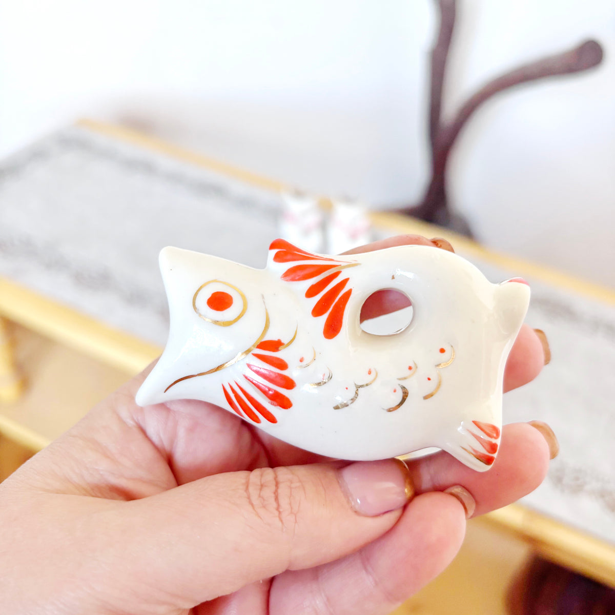 Vintage Soviet Carp Family Fish, Set of 3, Porcelain Fish Cups, USSR Retro Table Decor, Hand Painted Red & Gold