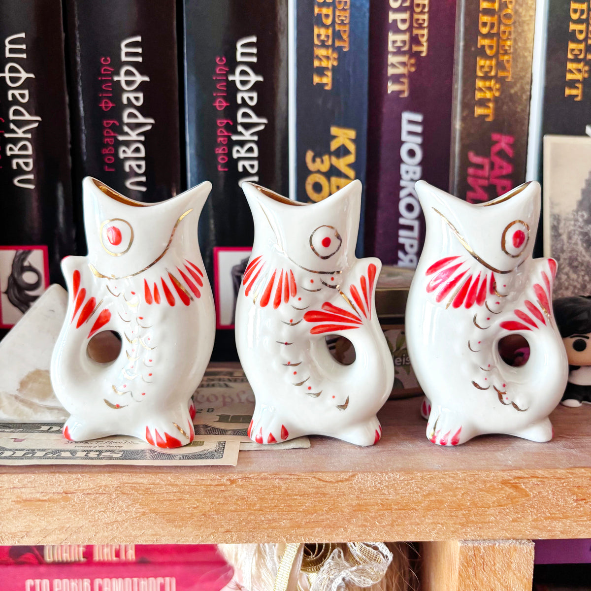Vintage Soviet Carp Family Fish, Set of 3, Porcelain Fish Cups, USSR Retro Table Decor, Hand Painted Red & Gold