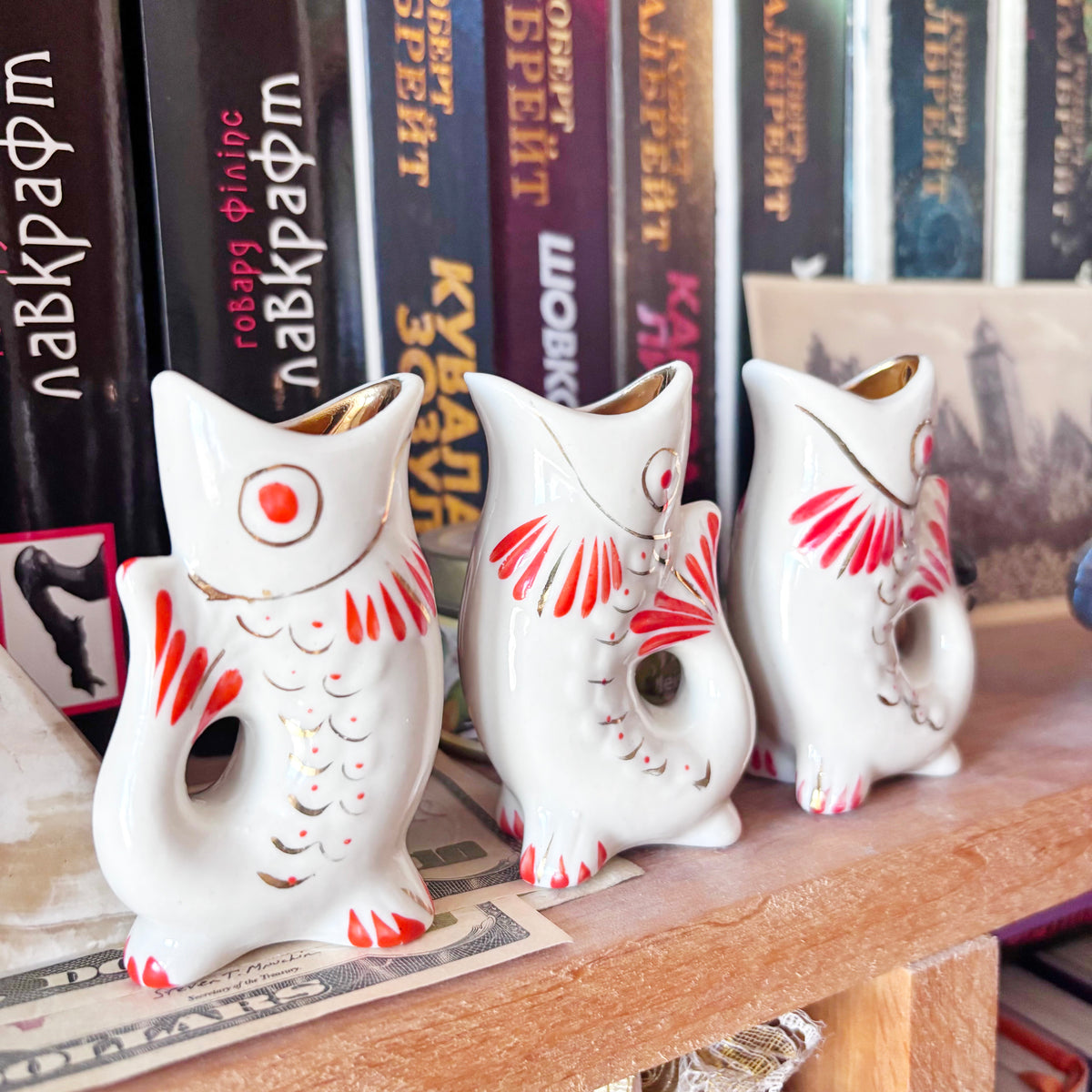 Vintage Soviet Carp Family Fish, Set of 3, Porcelain Fish Cups, USSR Retro Table Decor, Hand Painted Red & Gold