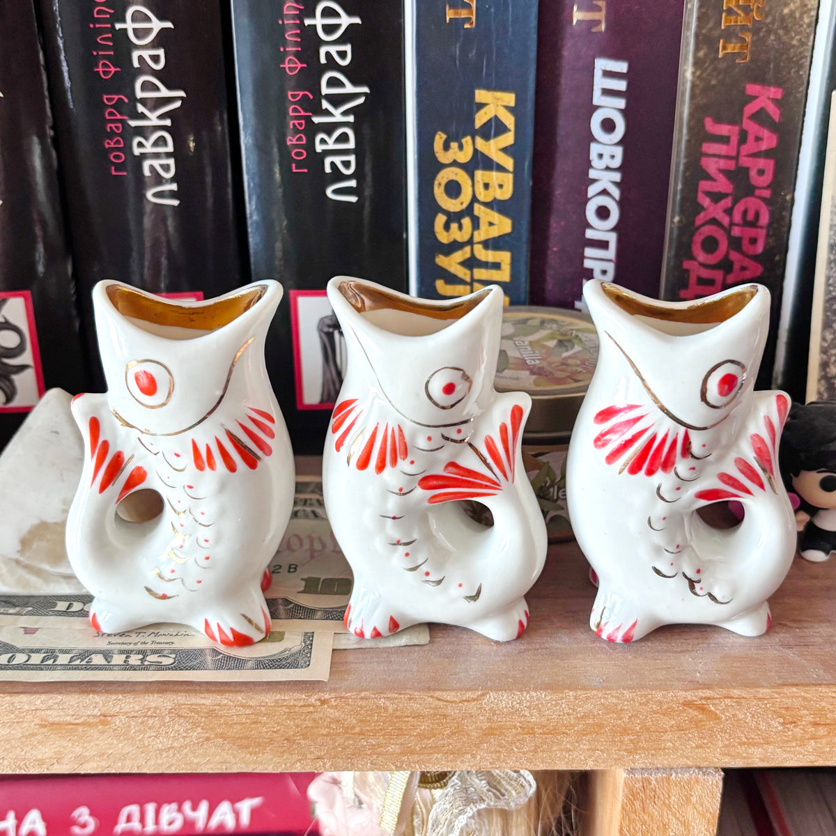 Vintage Soviet Carp Family Fish, Set of 3, Porcelain Fish Cups, USSR Retro Table Decor, Hand Painted Red & Gold