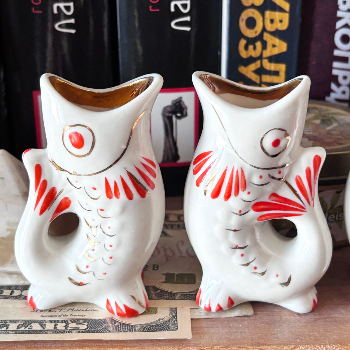 Vintage Soviet Carp Family Fish, Set of 3, Porcelain Fish Cups, USSR Retro Table Decor, Hand Painted Red & Gold