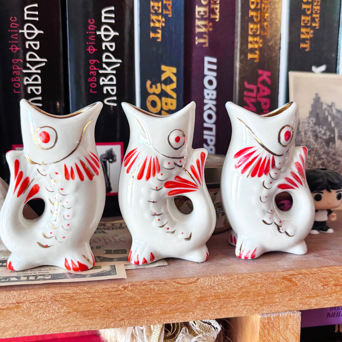Vintage Soviet Carp Family Fish, Set of 3, Porcelain Fish Cups, USSR Retro Table Decor, Hand Painted Red & Gold