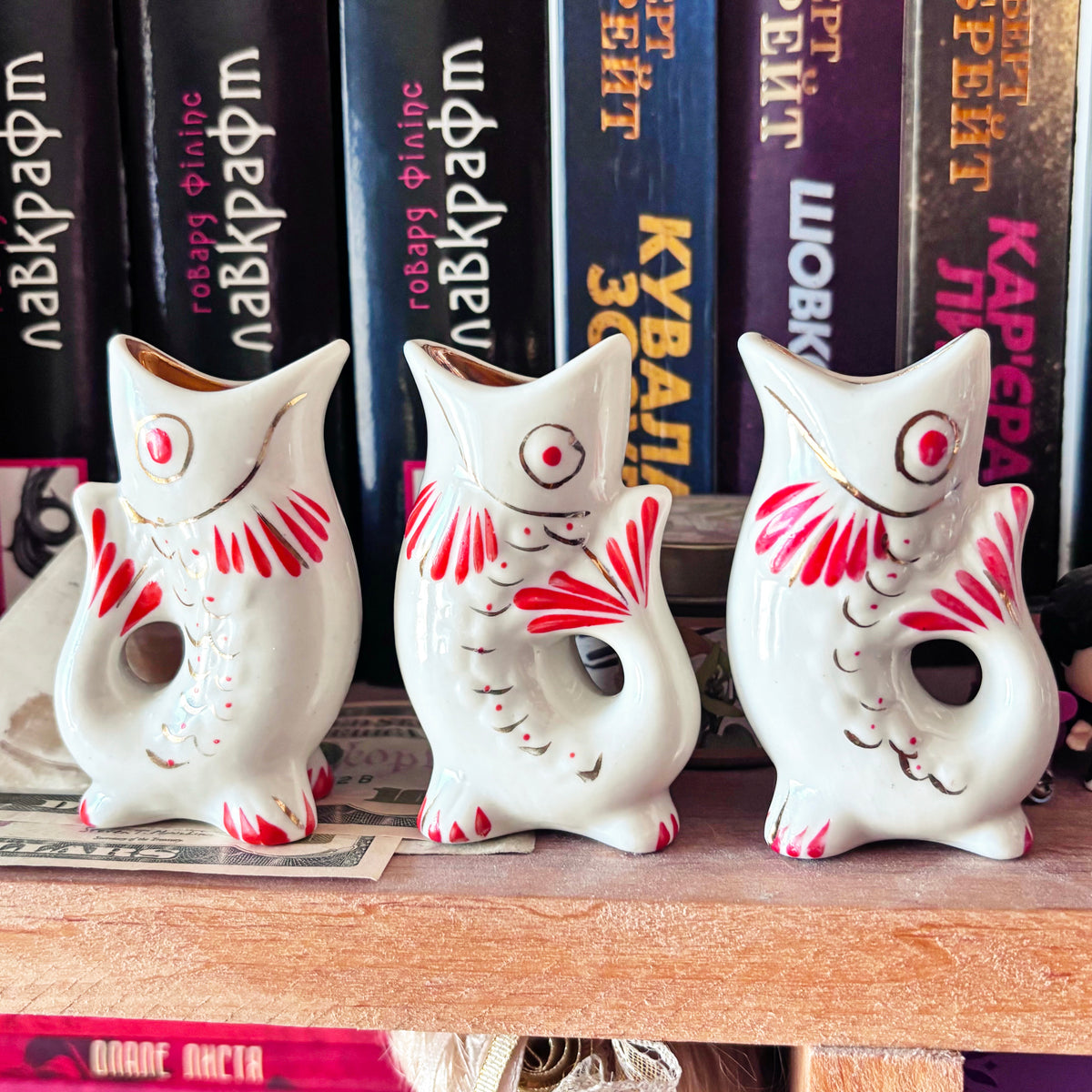 Vintage Soviet Carp Family Fish, Set of 3, Porcelain Fish Cups, USSR Retro Table Decor, Hand Painted Red & Gold