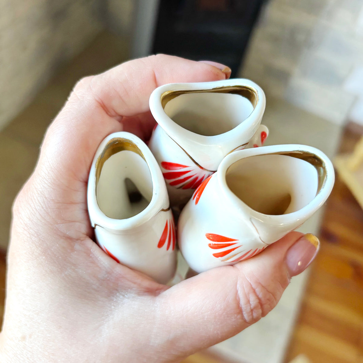 Vintage Soviet Carp Family Fish, Set of 3, Porcelain Fish Cups, USSR Retro Table Decor, Hand Painted Red & Gold