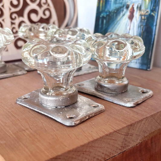 Set of 5 Vintage Soviet Clear Glass Door Knobs, USSR Metal Backplates, Retro Interior Hardware, Architectural Salvage